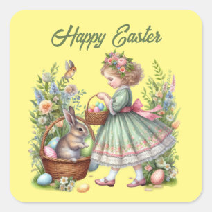 Cute happy Easter girl add text Square Sticker
