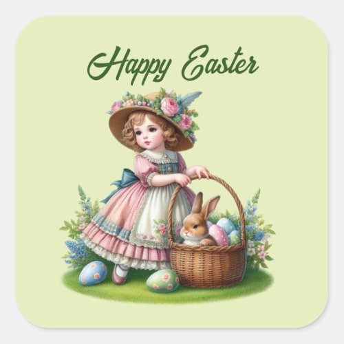 Cute happy Easter girl add text  Square Sticker