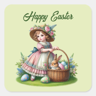 Cute happy Easter girl add text Square Sticker