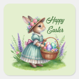 Cute happy Easter girl bunny add text Square Sticker