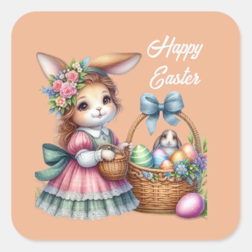 Cute happy Easter girl bunny add text  Square Sticker