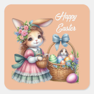 Cute happy Easter girl bunny add text Square Sticker