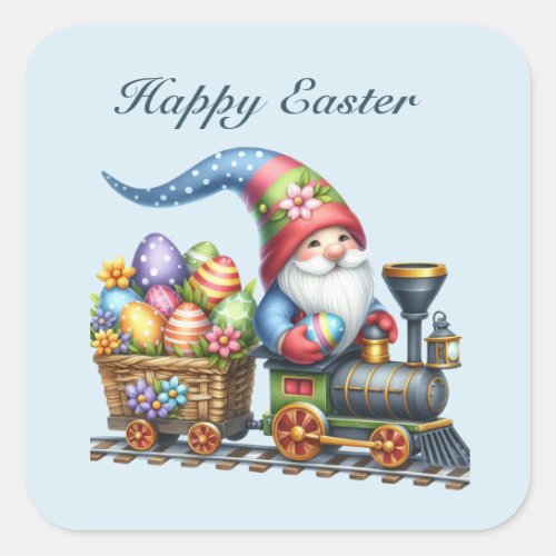 Cute Happy Easter gnome train add text Square Sticker