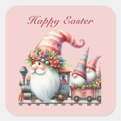 Cute Happy Easter gnome train add text  Square Sticker