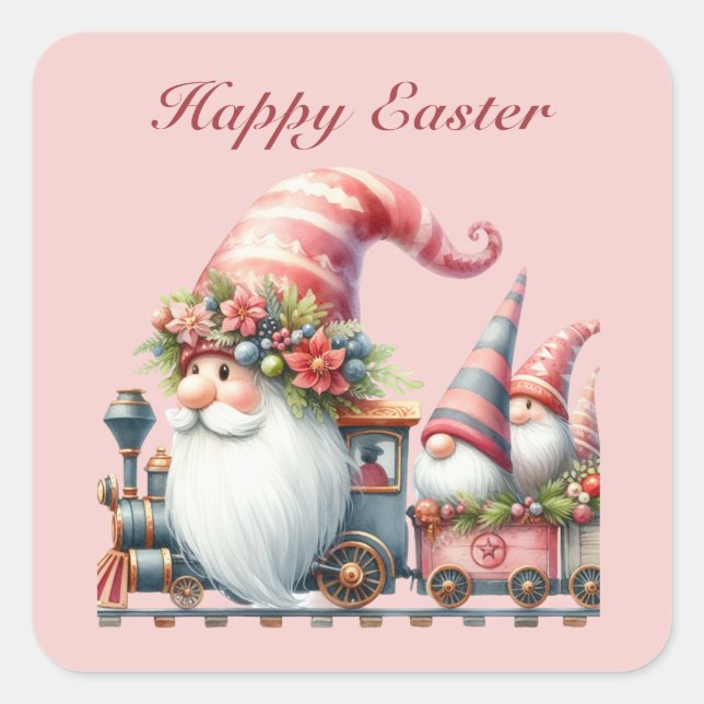 Cute Happy Easter gnome train add text  Square Sticker (Front)