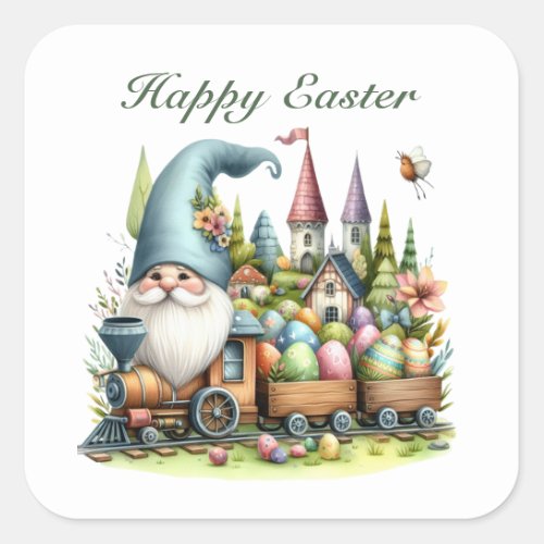 Cute Happy Easter gnome train  Square Sticker