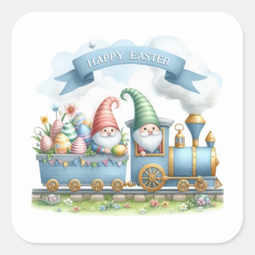 Cute Happy Easter gnome train   Square Sticker