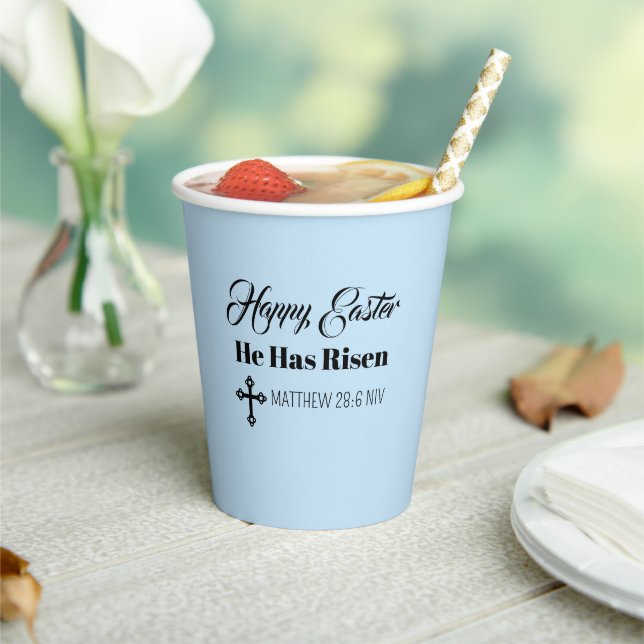 Cute Happy Easter He Has Risen Bible Verse Blue Paper Cups (Insitu)