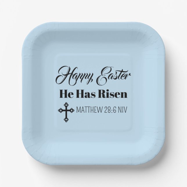 Cute Happy Easter He Has Risen Bible Verse Blue Paper Plates (Front)