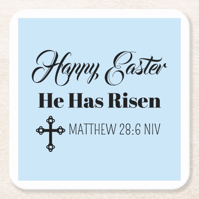 Cute Happy Easter He Has Risen Bible Verse Blue Square Paper Coaster (Front)