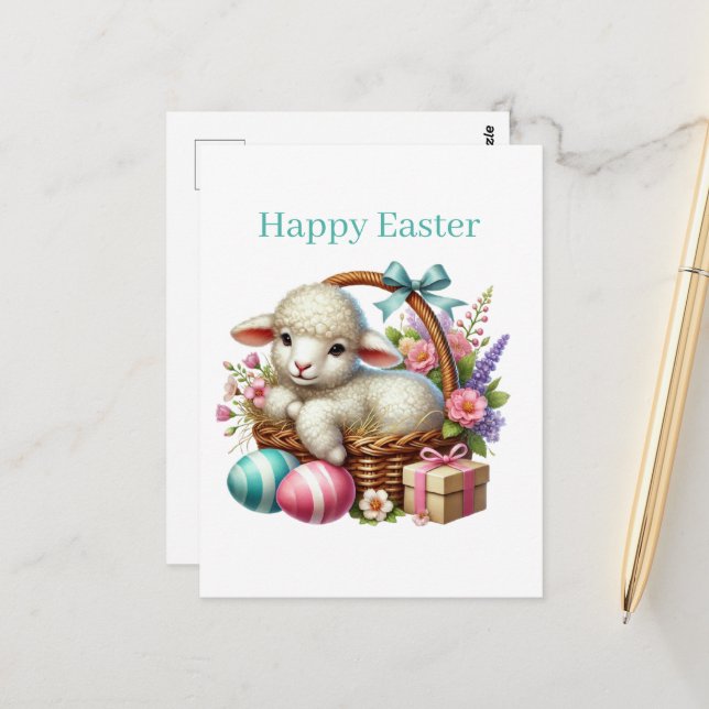 Cute Happy Easter lamb Postcard (Front/Back In Situ)