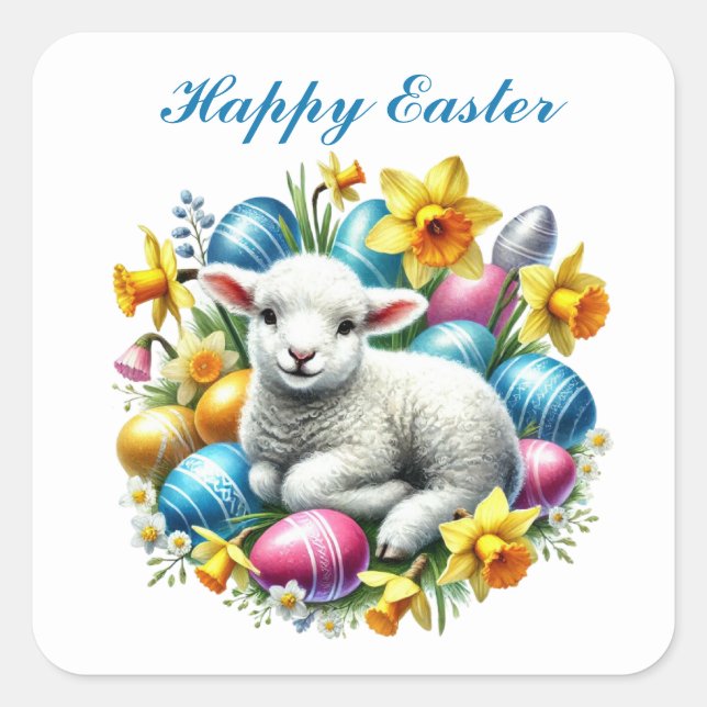 Cute Happy Easter lamb Square Sticker (Front)