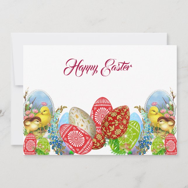 Cute Happy Easter Multicolor Egg-Chick Floral Card (Front)