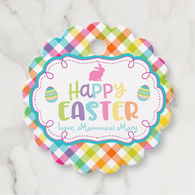 Cute Happy Easter Personalized Plaid Favor Tag (Front)