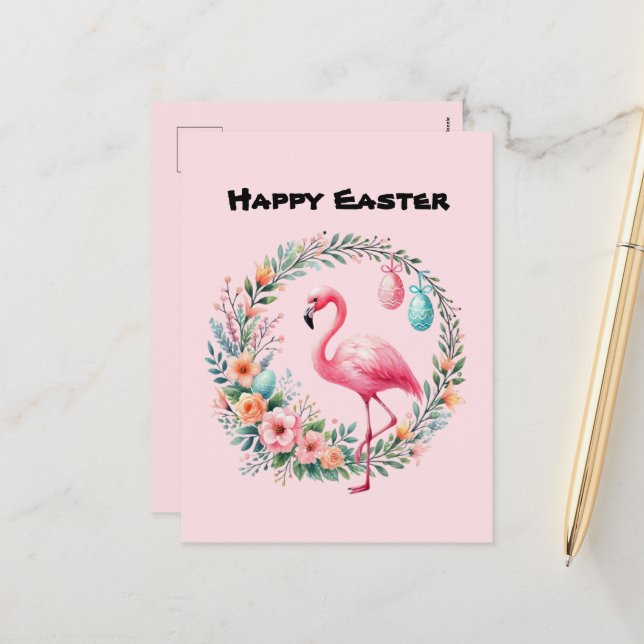 Cute Happy Easter pink flamingo add message Holida Holiday Postcard (Front/Back In Situ)