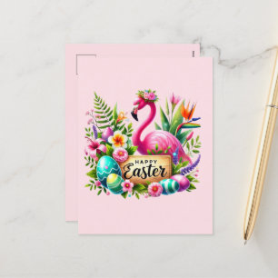 Cute Happy Easter pink flamingo add message  Holiday Postcard