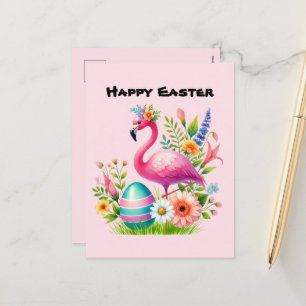Cute Happy Easter pink flamingo add message Holiday Postcard