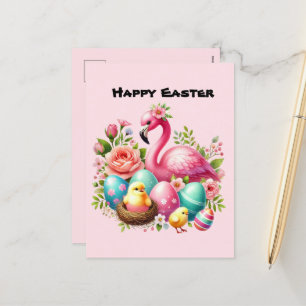 Cute Happy Easter pink flamingo add message Holiday Postcard