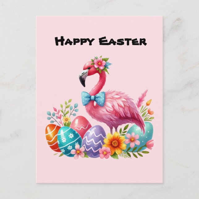 Cute Happy Easter pink flamingo add message  Holiday Postcard (Front)