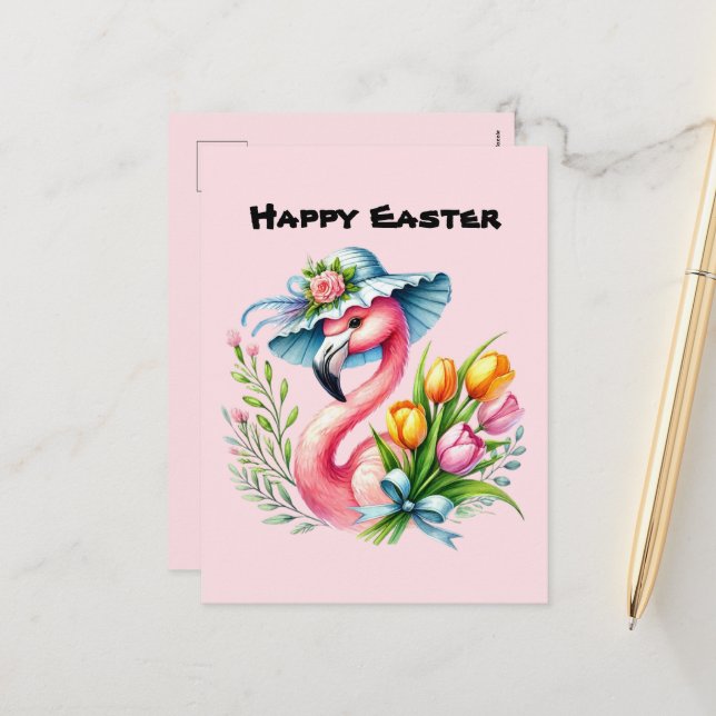Cute Happy Easter pink flamingo add message  Holiday Postcard (Front/Back In Situ)