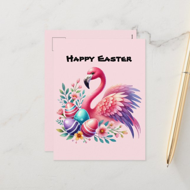 Cute Happy Easter pink flamingo add message  Holiday Postcard (Front/Back In Situ)