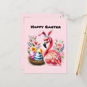 Cute Happy Easter pink flamingo add message  Holiday Postcard