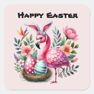 Cute Happy Easter Pink Flamingo Square Sticker