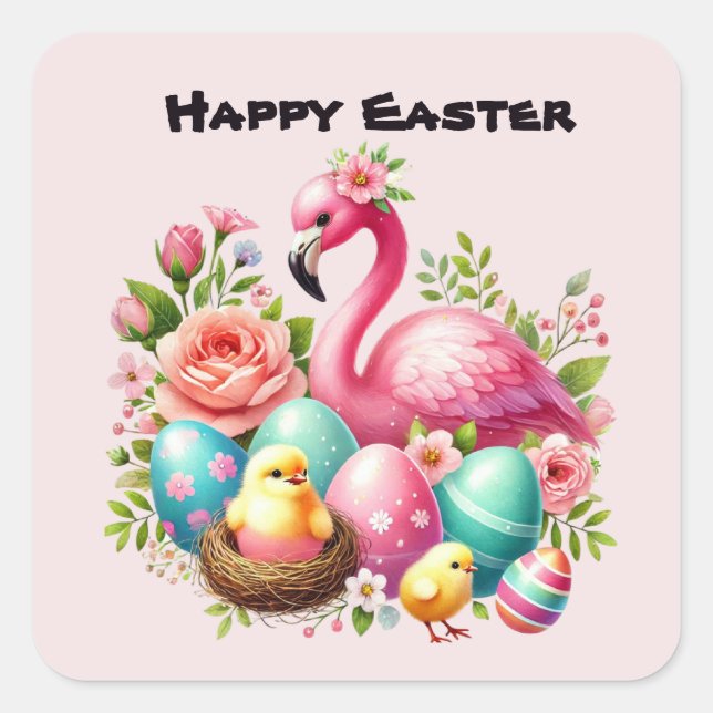 Cute Happy Easter Pink Flamingo  Square Sticker (Front)