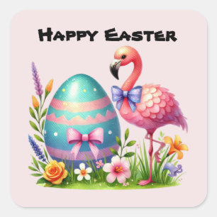 Cute Happy Easter Pink Flamingo Square Sticker
