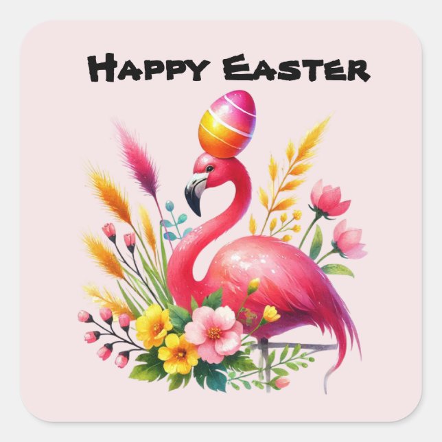 Cute Happy Easter Pink Flamingo Square Sticker (Front)