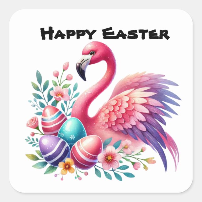 Cute Happy Easter Pink Flamingo  Square Sticker (Front)