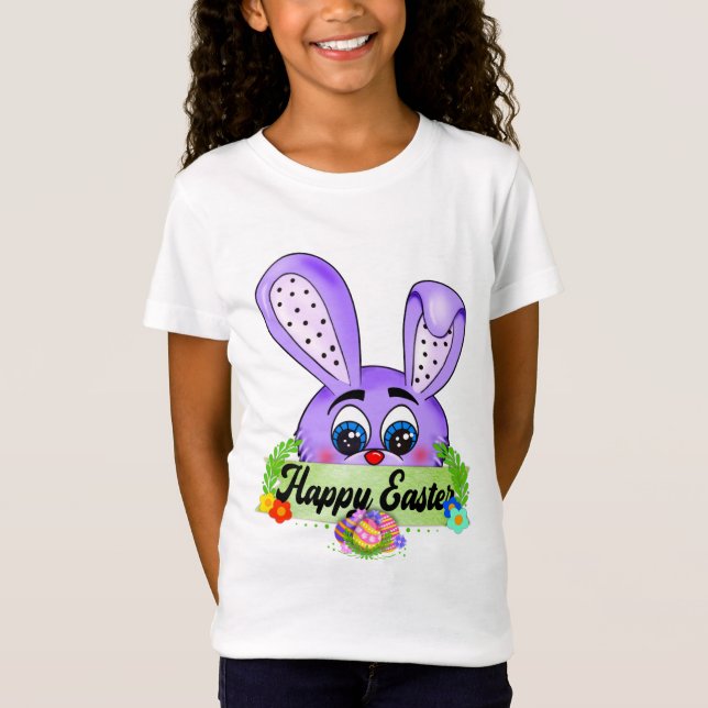 Cute Happy Easter, Purple Bunny Cartoon, Spring T-Shirt (Front)