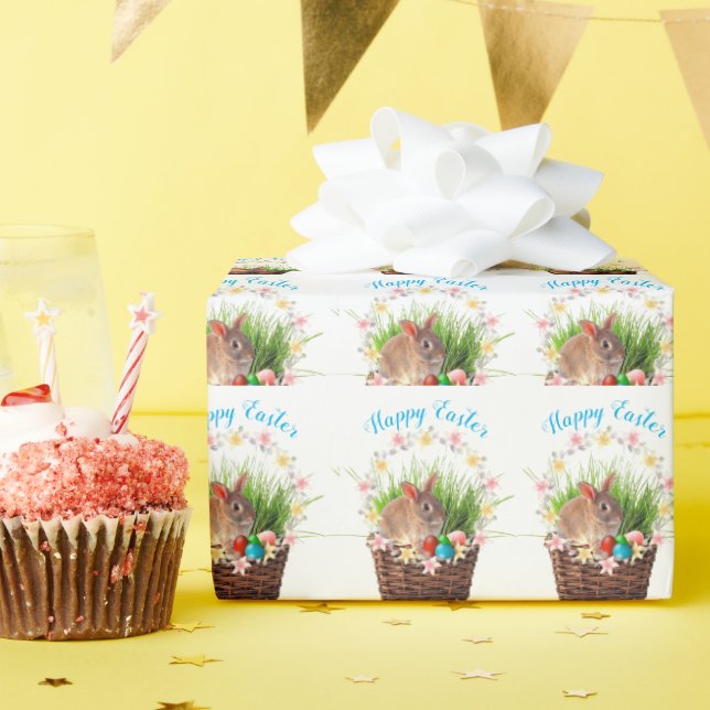 Cute Happy Easter Rabbit in Basket Holiday  Wrapping Paper (Birthday Party)