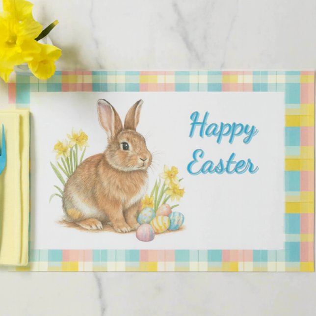 Cute Happy Easter Rabbit Spring Plaid  Paper Pad (cleanup is a snap with tear-away  Easter paper placemat. )