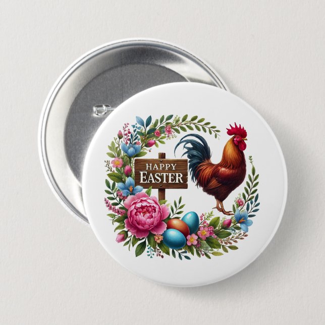 Cute Happy Easter rooster  Button (Front & Back)