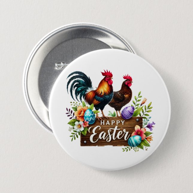 Cute Happy Easter roosters Button (Front & Back)