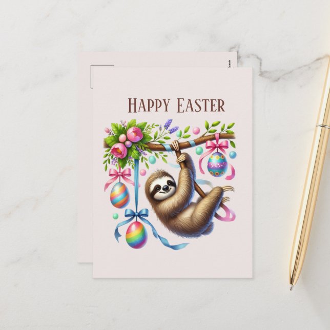 Cute Happy Easter sloth  Holiday Postcard (Front/Back In Situ)