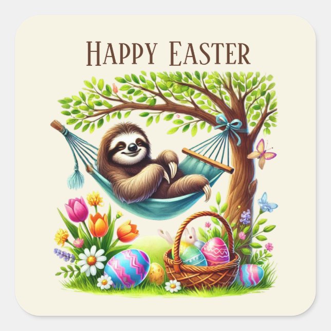 Cute Happy Easter sloth Holiday Square Sticker (Front)