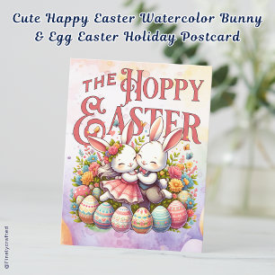 Cute Happy Easter Watercolor Bunny & Egg Easter Holiday Postcard