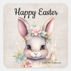 Cute Happy Easter Watercolor Bunny Square Sticker