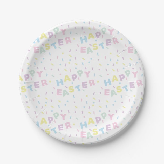 Cute Happy Easter Word Confetti Pattern Paper Plates (Front)