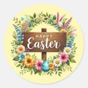 Cute Happy Easter wreath Classic Round Sticker