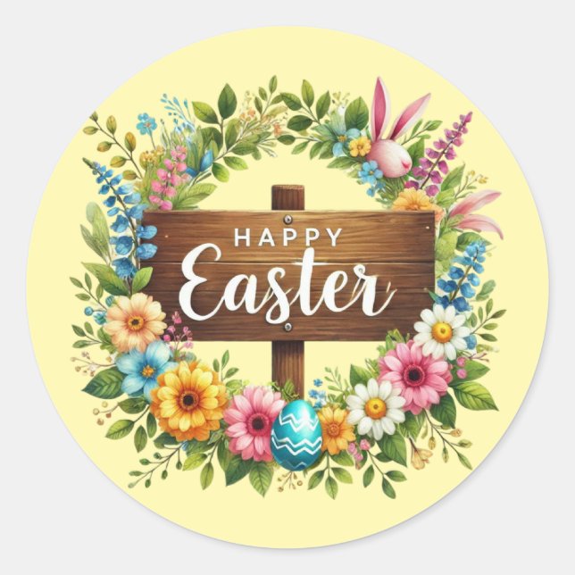 Cute Happy Easter wreath Classic Round Sticker (Front)