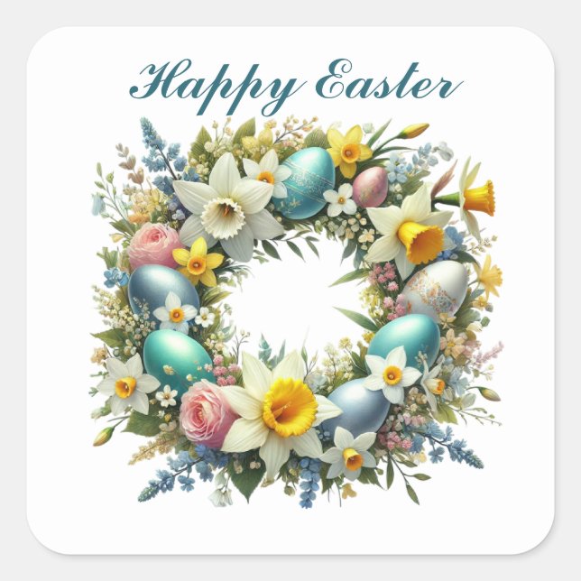Cute Happy Easter wreath Square Sticker (Front)