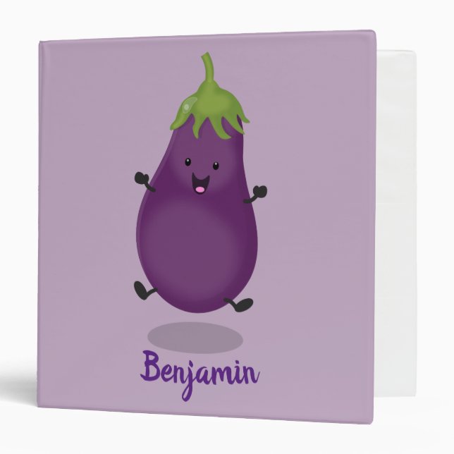 Cute happy eggplant aubergine cartoon illustration 3 ring binder (Front/Inside)