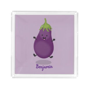 Cute happy eggplant aubergine cartoon illustration acrylic tray