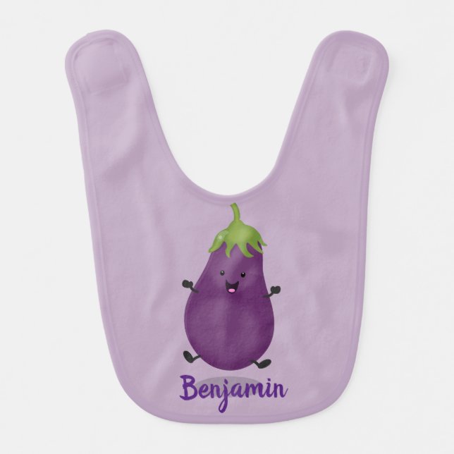 Cute happy eggplant aubergine cartoon illustration baby bib (Front)