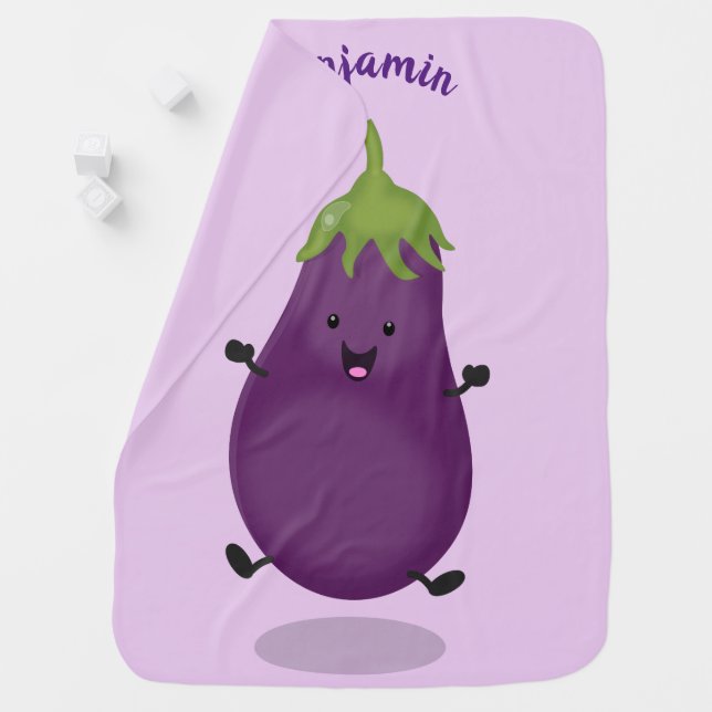Cute happy eggplant aubergine cartoon illustration baby blanket (In Situ)