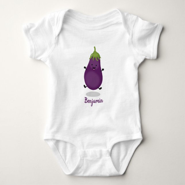 Cute happy eggplant aubergine cartoon illustration baby bodysuit (Front)