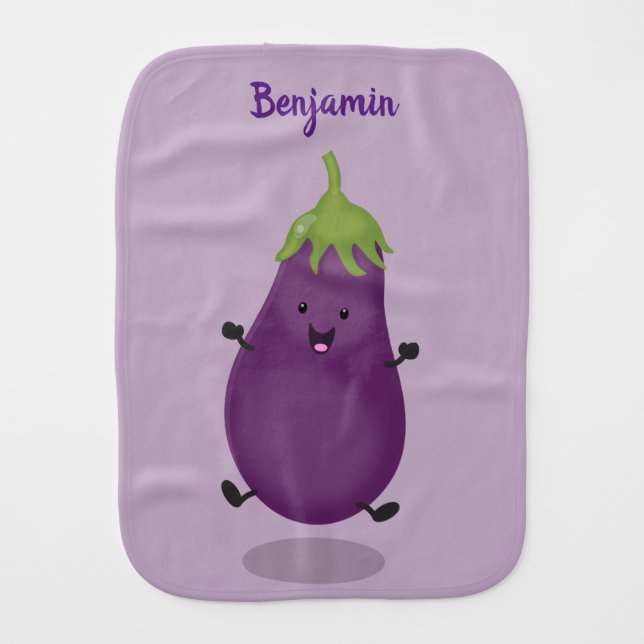 Cute happy eggplant aubergine cartoon illustration baby burp cloth (Front)